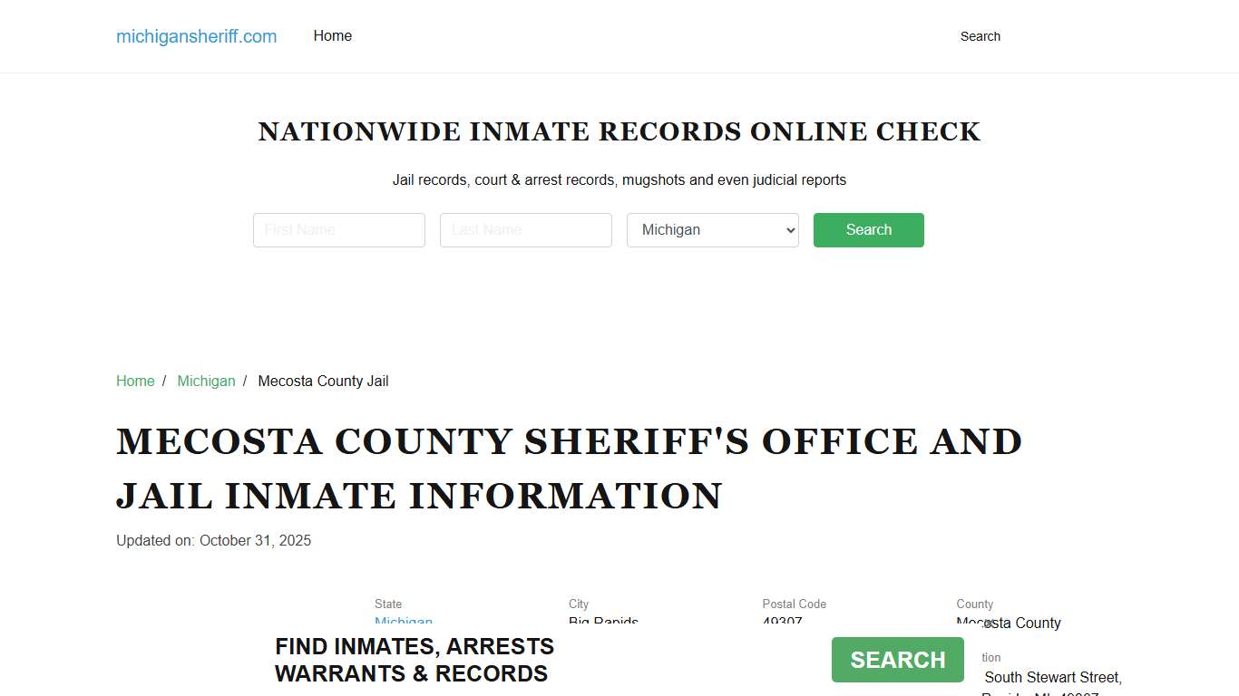 Mecosta County Sheriff, Michigan, Jail Inmate Search